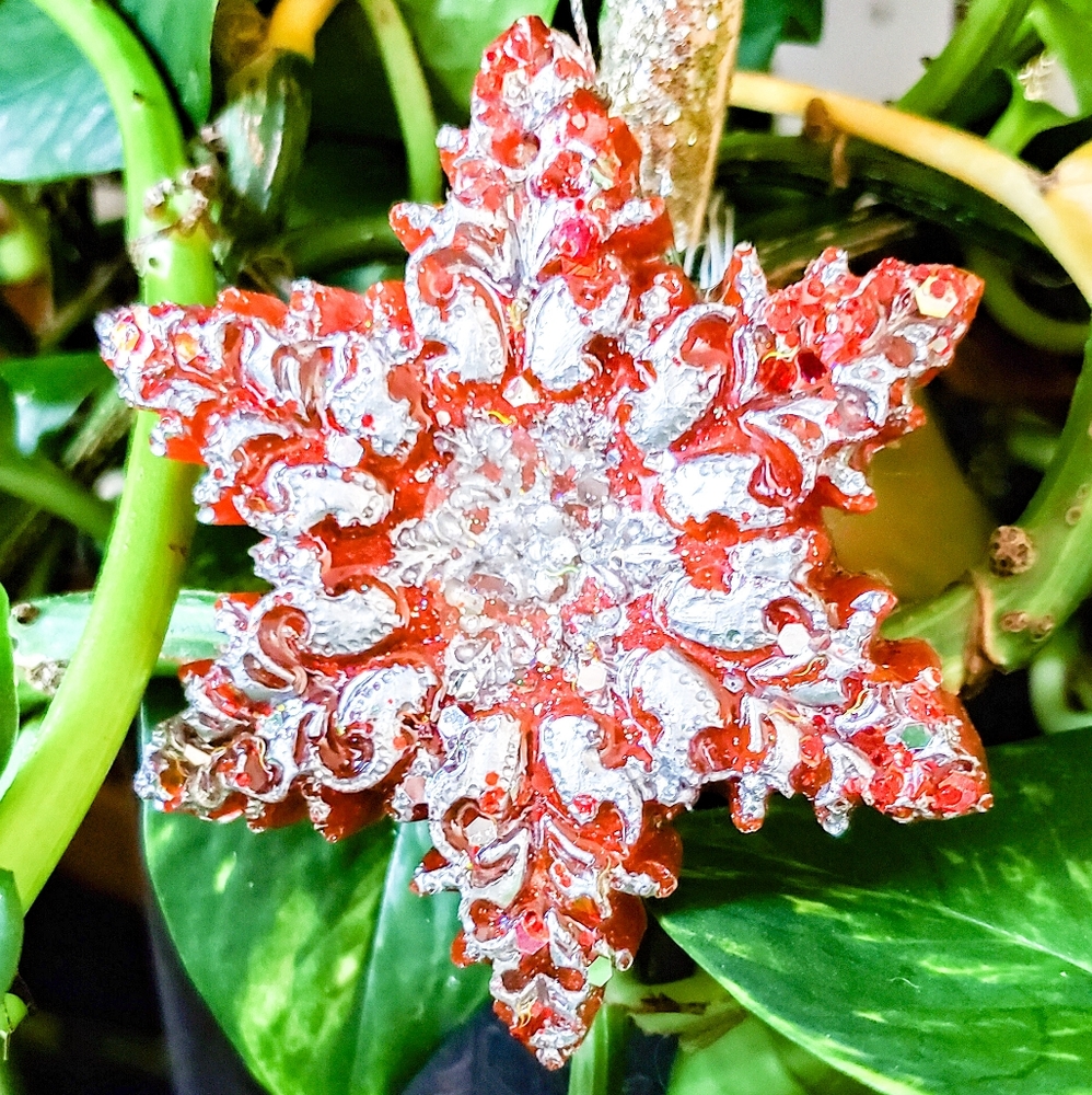 Handmade Christmas Tree Ornaments, Star, Snowflake, Red / Silver - Picture 4 of 11